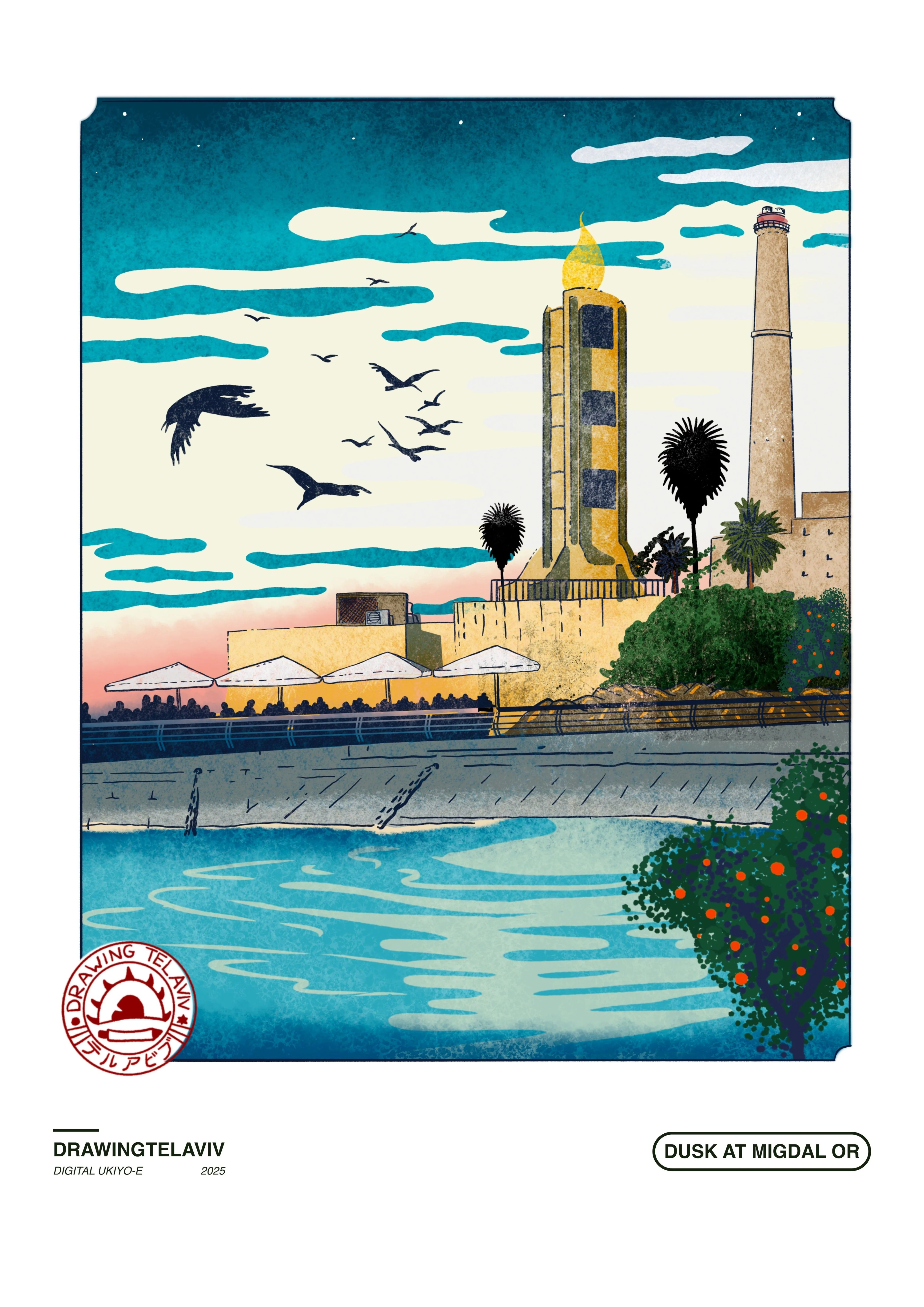 Dusk at migdal or פרינט | Drawing Tel Aviv